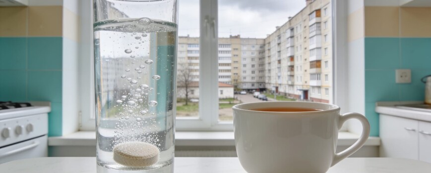 Стакан воды с шипучей таблеткой и чашка чая на кухонном столе утром