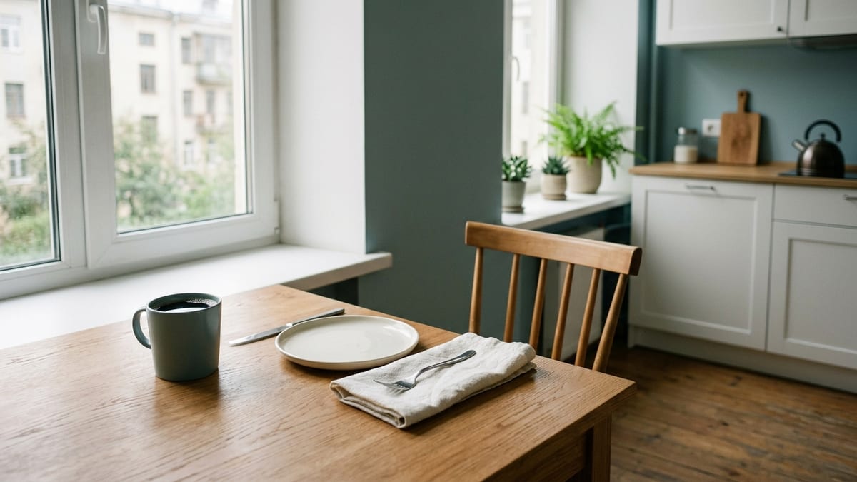 Кухонный стол утром: нетронутая чашка кофе, пустая тарелка, сложенная салфетка, стул отодвинут